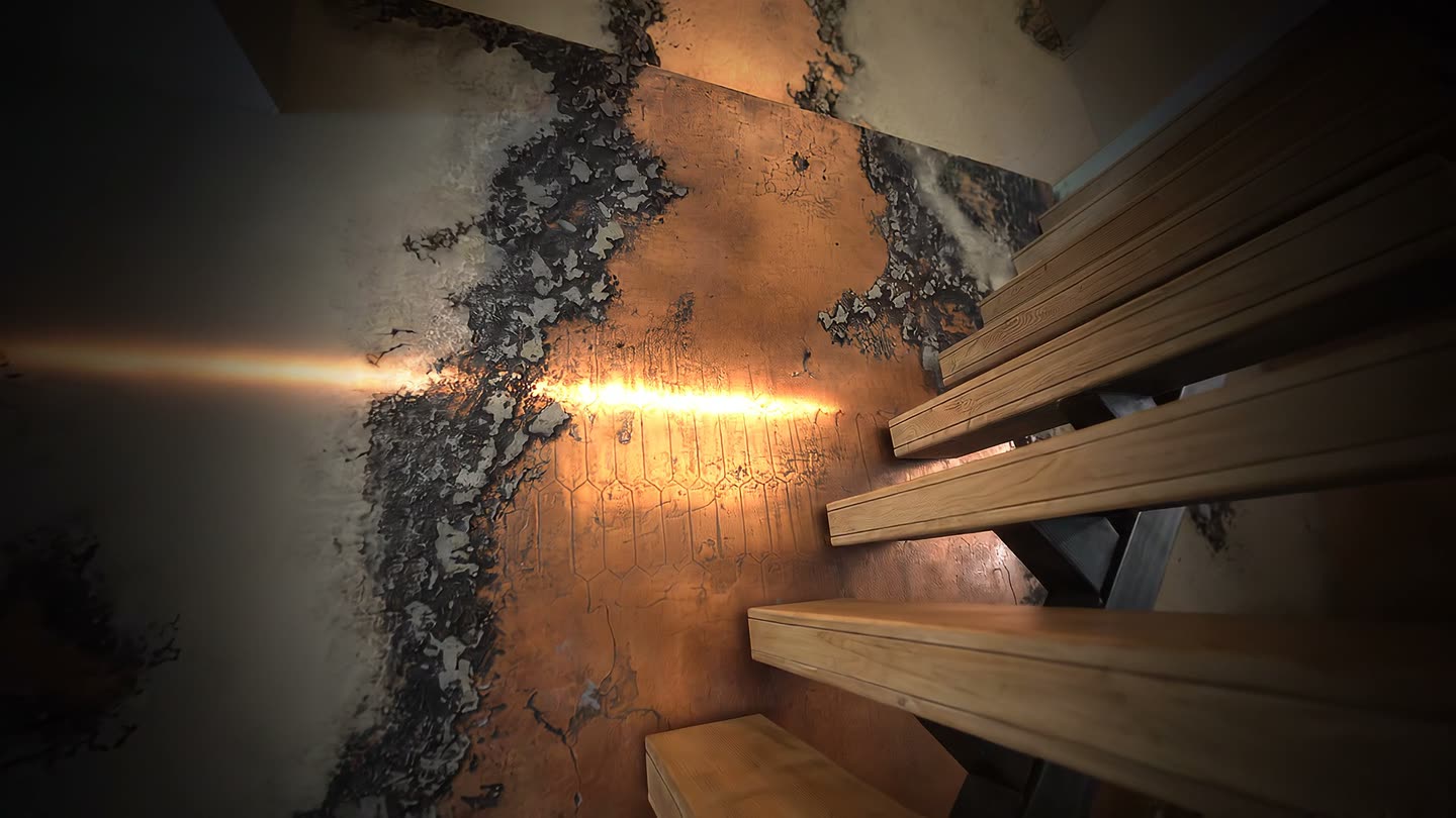 Oxidised copper and charred black Venetian plaster feature wall, raked by a hot line of light