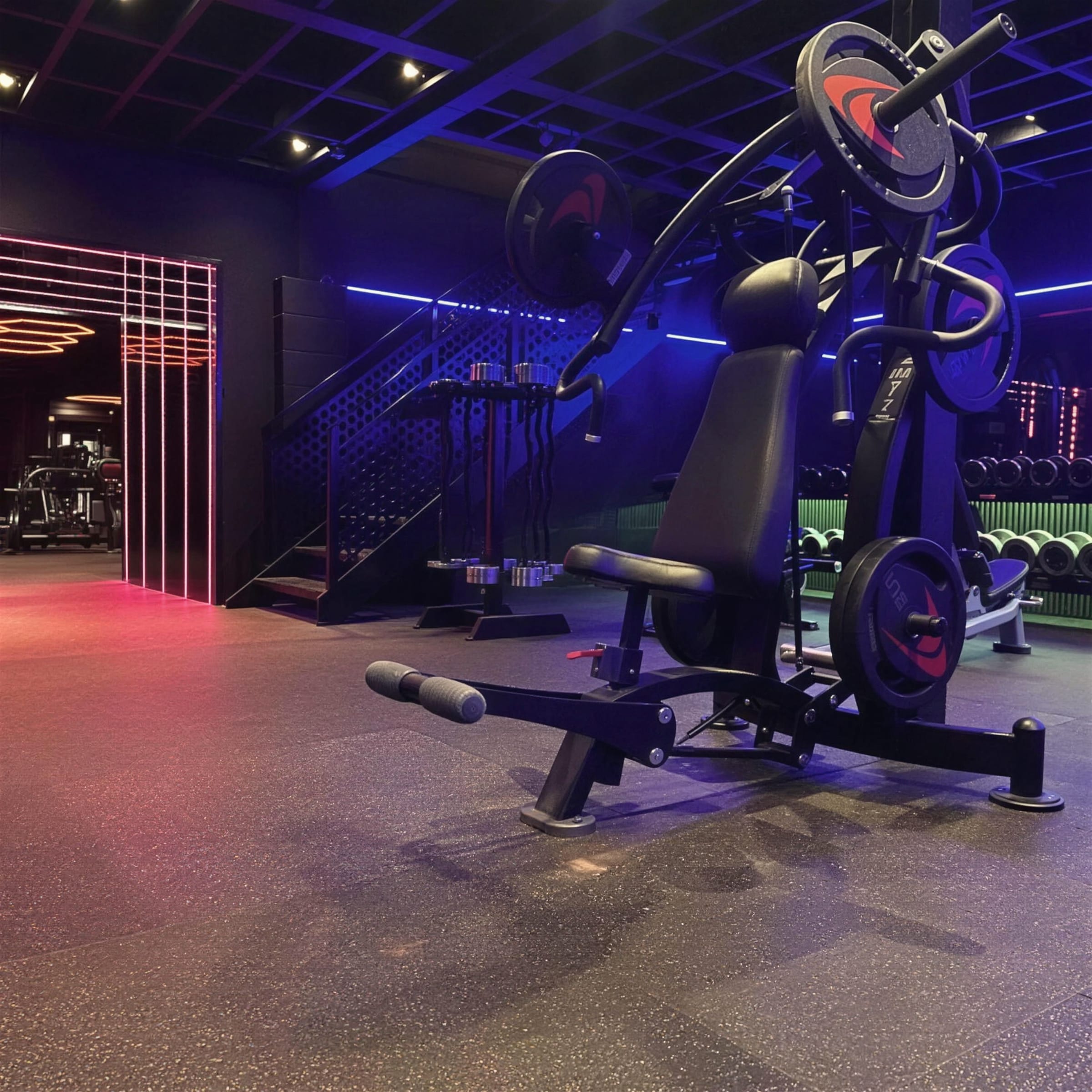 Gym floor bathed in purple and blue LED light with a multi-station machine in the foreground.