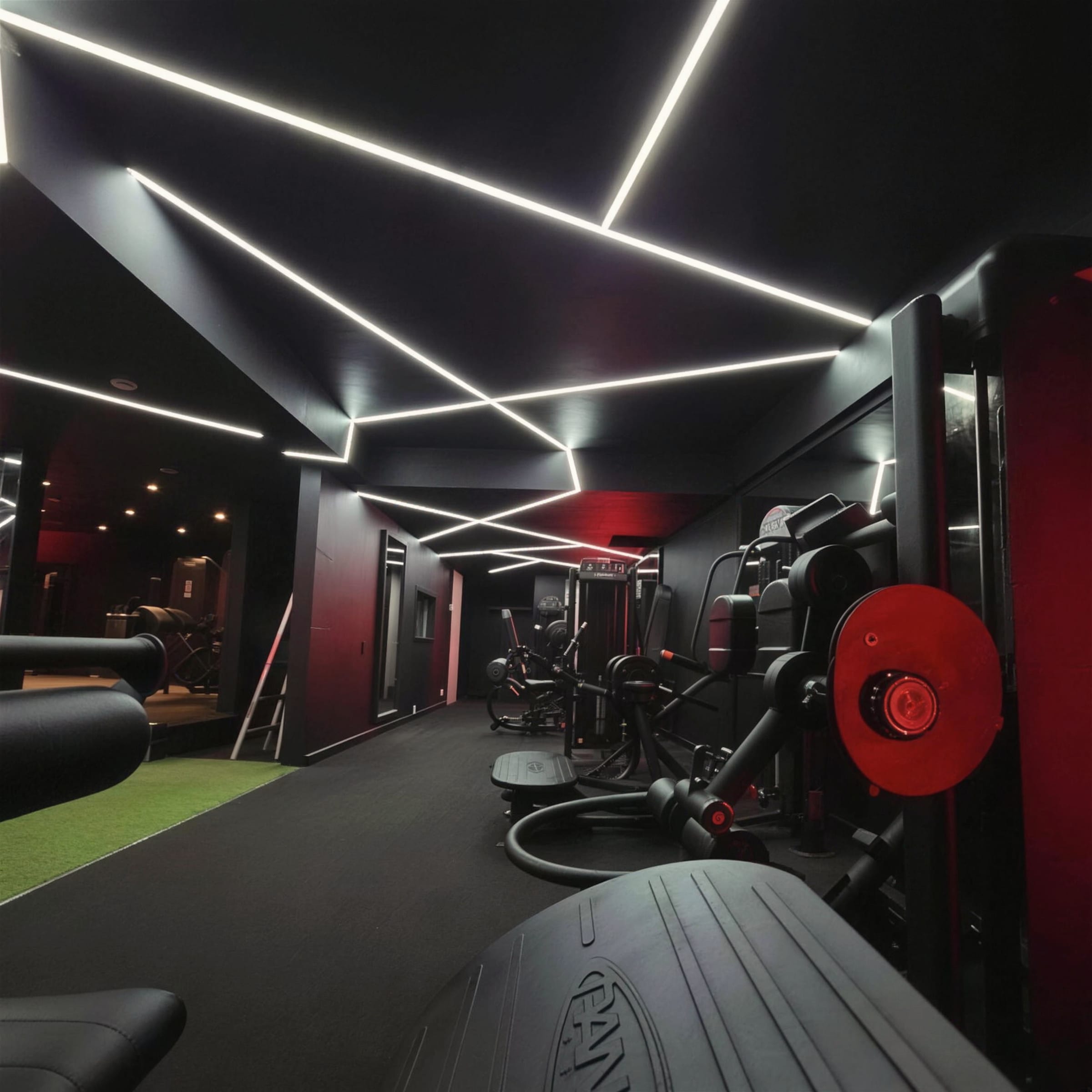Angular white LED strips slicing across a black gym ceiling, red accents glowing along the far wall.