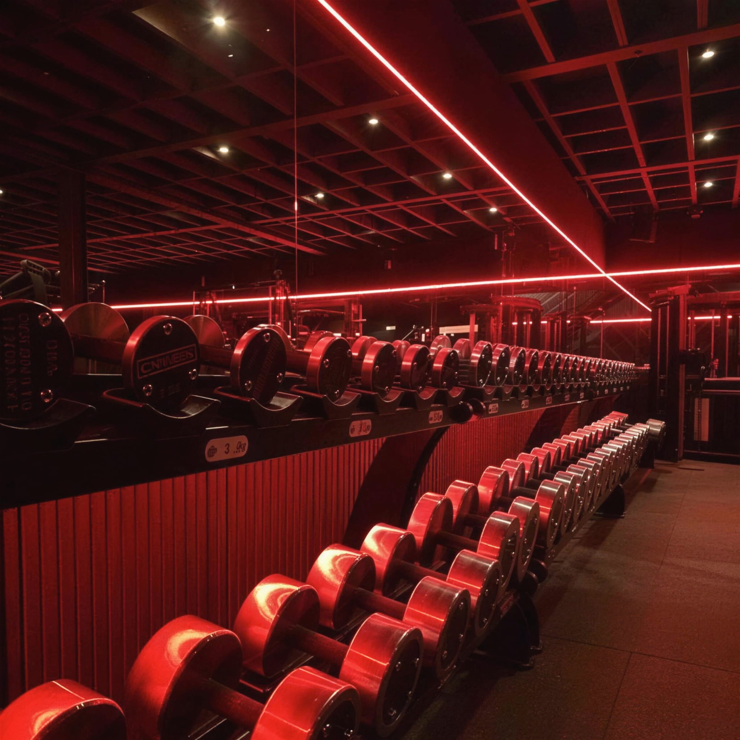 Rows of dumbbells receding into darkness under a hard red LED line, chrome and steel catching the glow.