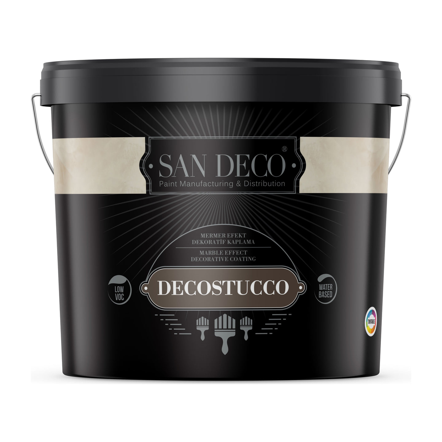 San Deco's own packshot of the Decostucco tub — black pail, cream marble label band, name plate reading DECOSTUCCO.