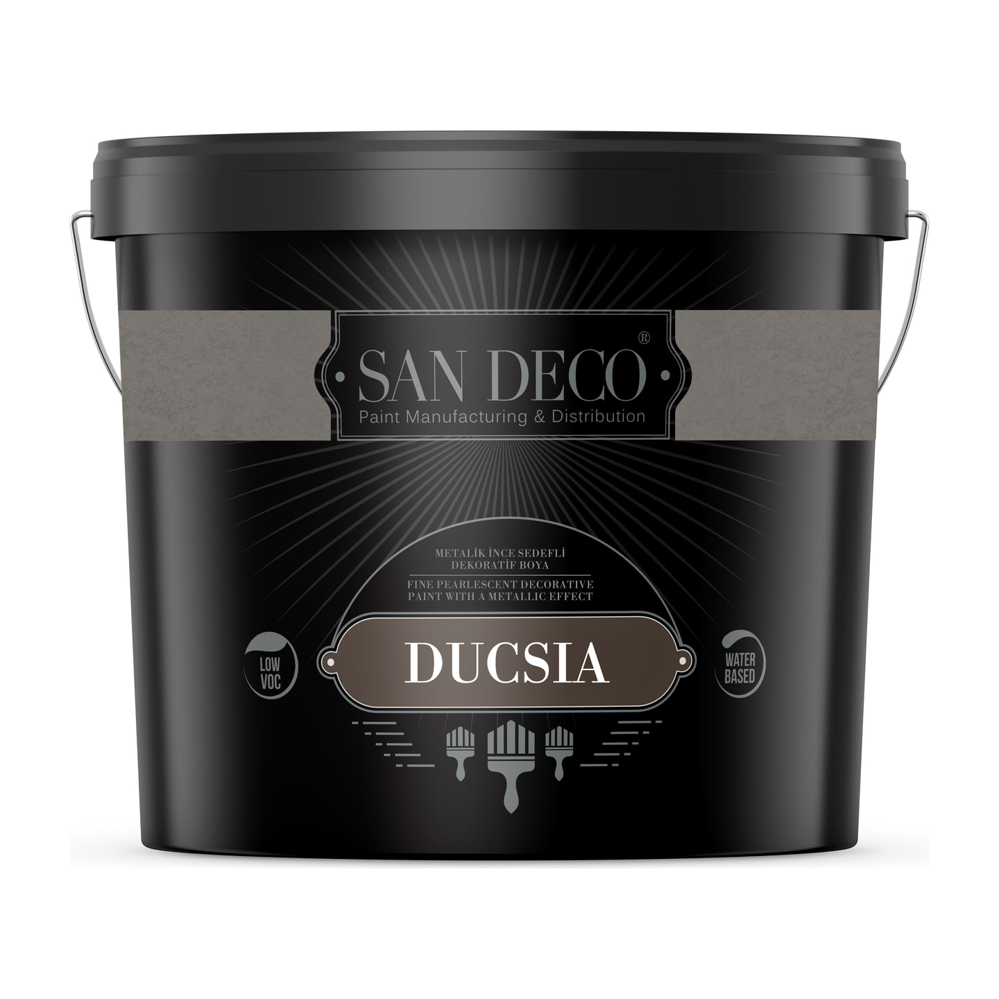San Deco's own packshot of the Ducsia tub, pearlescent grey label band.