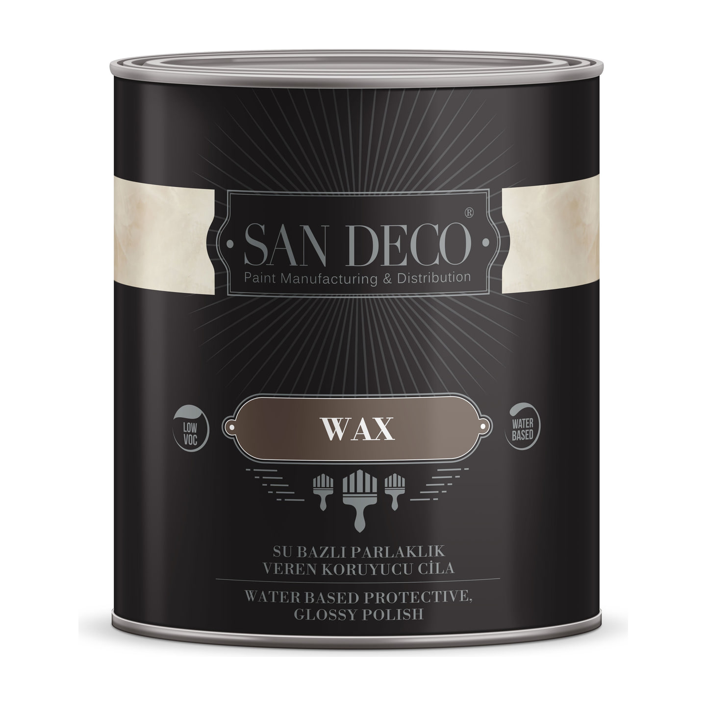 San Deco's own packshot of the water-based protective wax tin, cream label bands.